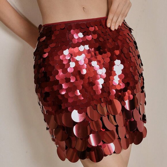 Burgundy Elegant Women's Sequin Party Mini Skirt - Picture 3 of 5